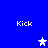 Blue background with four white 'Kick' text labels and two star icons, one white and one light purple.