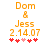 Pixelated orange text reads "Dom & Jess 2.14.07" above red and pink heart symbols on white background.