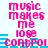 Pixelated pink text "music makes me lose control" repeats across a light blue background with horizontal cyan bars, animated to shift position.