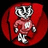Red circular icon with a cartoon badger in a red hoodie holding a football, surrounded by red text reading Wisconsin, Badgers, and B-Ball on black backgrounds.