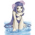 Pixelated image of a mermaid with long purple hair and blue tail standing in light blue water, facing left with a neutral expression.