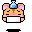 Pixel art of a cartoon hamster with pink ears and cheeks, holding a white rectangular object under its chin while balancing a blue bottle on its head.