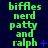 Green pixelated text 'biffles nerd patty and ralph' repeated three times in vertical on dark blue background with small purple symbols changing between observations