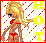 Pixelated blonde woman in red bikini top and bottoms against white background with diagonal stripes, text 'HOT' visible.