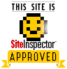 Six identical pixel art icons display 'THIS SITE IS' text above a yellow smiley face, 'SiteInspector' in red, and 'APPROVED' on a yellow banner.