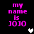 Pixelated text reads 'my name is JOJO' in bright pink on black background with heart symbols changing from white to gray.