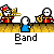 Pixel art contact sheet showing six frames of an animated band icon with marching musicians and a blue figure, each labeled "Band" below.