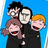 Three pixelated cartoon characters with exaggerated expressions stand against a solid blue background, one holding another in front.
