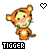 Pixelated orange tiger cub with pink nose and black stripes stands in three of three, each showing a different heart symbol above it