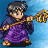 Pixel art character in purple robe holding brown staff with yellow accents against blue gradient background.
