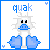 Pixel art of a blue and white creature with black eyes, mouth closed in first frame, open in second; text 'quak' above.