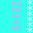 Pixelated cyan background with vertical of pink text and white asterisks, displaying repeated phrases and symbols in a -like arrangement