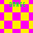 A pixelated animation featuring four instances of the word "DANCE" in green text over a shifting pink and yellow checkered background.