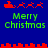 Pixelated red Santa sleigh with reindeer above green 'Merry Christmas' text on blue background, two identical versions side-by-side.