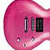 Pink electric guitar with black pickups and control knobs, dark fretboard, headstock visible in lower-left view.