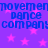 A static digital image with a purple background, pink stars, and repeated blue text reading "movement dance company" in a pixelated font.