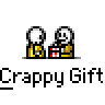 Animated contact sheet of 20 pixel art frames showing two stick figures exchanging a gift box, with visible text "Crappy Gift" repeated below each frame on a gray background.
