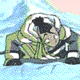Four- animation shows a character in green and white clothing lying under blue fabric, transitioning from propped-up to fully reclined with closed eyes