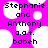 Pixelated text on a bright pink background with white circular shapes, showing 'Stephanie and Anthony a.a.f. babeh' in dark blue letters.