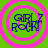Four identical circular icons with pink concentric rings on a green background, each containing blue text reading "GIRLZ ROCK!" with a stylized 'Z' and exclamation mark.