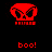 Red pixelated skull icon with crossed bones and 'boo!' text on black background, two variations of the same design.