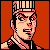Pixel art portrait of a character with stylized pink hair and striped headwear against an orange background, rendered in 8-bit style with dithering effects.