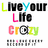 Animated sequence showing a pixelated 'LiveYourLifeCrazy' text graphic transitioning to a stage with a heart-shaped light effect.