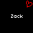 Red pixelated heart symbol above two white 'Zack' text labels on black background.