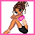 Pixelated character with brown hair in a bun, blue eyes, and orange skin sits with crossed arms wearing black shorts and pink wristband.