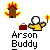 Pixel art icon shows a brown house with yellow-orange flames, a red briefcase, and a figure holding a torch. Text reads 'Arson Buddy' below the elements.