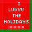 Red square icon with green and brown border, white pixelated text reading "I LUVV THE HOLIDAYS" and horizontal lines at bottom.