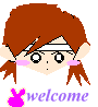 Animated cartoon character with brown pigtails and pink cheeks transitions to blue hair while displaying 'welcome' text and Chinese characters.