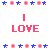 Pixelated icon with pink 'I LOVE' text, blue and red stars, two heart symbols, and repeated brand names on a striped background.