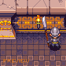 Pixel art of a knight in silver armor holding a large sword, standing on stone beneath torches and ornate metal grilles