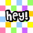 Pixelated text and character images on a of colored squares, with 'hey!', 'Whats Up?', 'HA! HA!', and 'UL WAYNE! HOTTY' visible