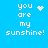 Blue background with white pixelated text 'you are my sunshine!' and four distinct animated symbols replacing the heart or star in each quadrant.