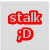 Red text 'stalk' and gray ':D' emoticon on light gray background with orange variant.