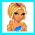 Pixel art contact sheet showing three frames of a blonde female character in blue top and dark pants with visible text elements including numbers, heart symbols, and the word "Blonde" on white background.