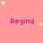 Pink background with repeated 'Regina' text and scattered star shapes in light yellow and pink.