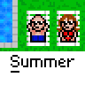 Animated contact sheet showing 11 frames of a pixel art buddy icon with two cartoon characters against green and blue backgrounds, each frame labeled "Summer" below the icon.