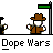 Pixel art animation of two figures in hats and coats under green flags, with text "Dope Wars" below each frame.