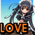 Pixelated anime-style character with long dark hair and white headband, wearing black outfit, positioned against light blue background with text "LOVE" in various colors.