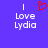 Blue background with white text 'I Love Lydia' and a red pixelated heart symbol above the text.