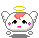 Pixelated character with white body, pink cheeks, red hair patch, yellow halo, and white wings in nine distinct expressions on gray background.