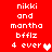 Red background with white pixelated text reading 'nikki and mantha bfflz 4 ever' alongside a heart symbol, showing animation changes in the heart's color.