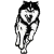 Pixelated black-and-white static icon of a running dog with distinct facial features and body proportions, rendered in low-resolution dithering style on white background.