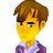 Pixelated character with brown hair, yellow skin, and a purple-and-white shirt against a gray background.