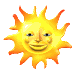 Six identical sun-shaped icons with yellow-orange gradient rays, each featuring a smiling face with blue eyes and a rounded nose, arranged in two of three on a white background
