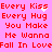 Pixelated red text on pink background with animated white sparkles near 'Kiss' and 'Hug' words, repeating phrases about kisses hugs and falling in love.