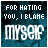 A contact sheet of 10 animated frames showing a text-based icon with changing color effects on the phrase "FOR HATING YOU, I BLAME MYSELF" against a teal background.